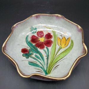 NPS Aretini Novara Vintage Hand Painted Ruffle Bowl Floral & Gold Trimmed
